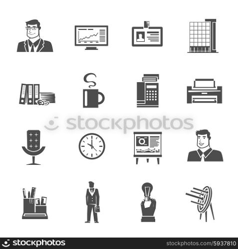Office icons black set with laptop clipboard and documents isolated vector illustration. Office Icons Set