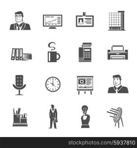 Office icons black set with laptop clipboard and documents isolated vector illustration. Office Icons Set