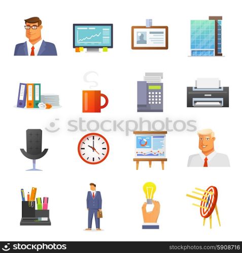 Office icons flat set with businessmen avatars and stationery items isolated vector illustration. Office Icons Flat Set