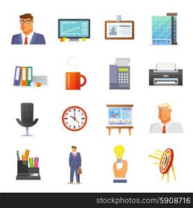 Office icons flat set with businessmen avatars and stationery items isolated vector illustration. Office Icons Flat Set
