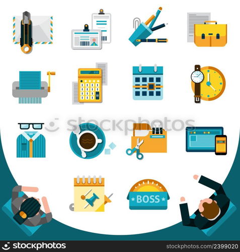 Office icons set with flat business stationery symbols isolated vector illustration. Office Icons Set