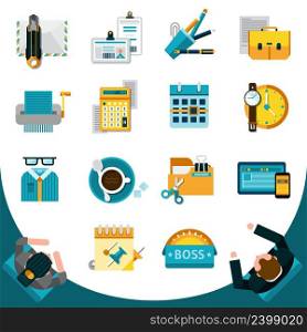 Office icons set with flat business stationery symbols isolated vector illustration. Office Icons Set