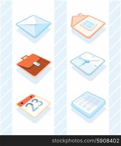 Office icons such as calendar, clock, letter, briefcase, clipboard, watch in multicolor color on white background