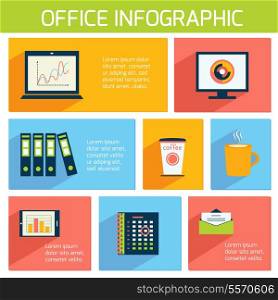 Office infographics flat business template with stationery supplies vector illustration