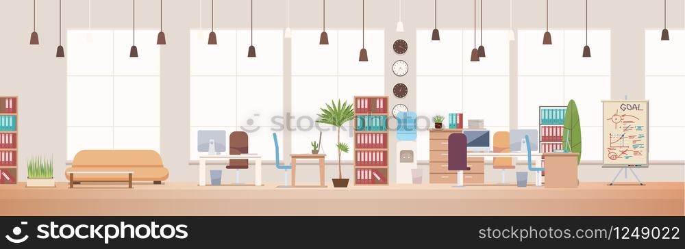 Office Interior and Workspace. Modern Office Desktop in Coworking Workspace. Optimization of Workplace. Open Space Office with Furniture. Working Space with Furniture. Flat Vector Illustration.. Office Interior. Coworking Workspace. Vector.