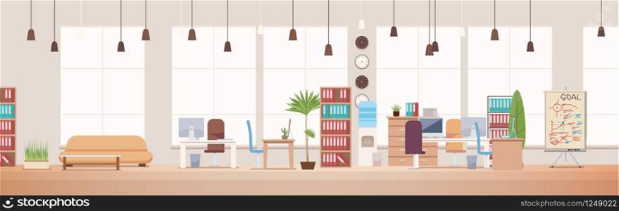 Office Interior and Workspace. Modern Office Desktop in Coworking Workspace. Optimization of Workplace. Open Space Office with Furniture. Working Space with Furniture. Flat Vector Illustration.. Office Interior. Coworking Workspace. Vector.