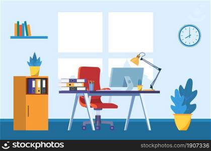 Office interior. Business workplace. Modern office room with window, desk and computer. Vector illustration in flat style. Office interior. Business workplace