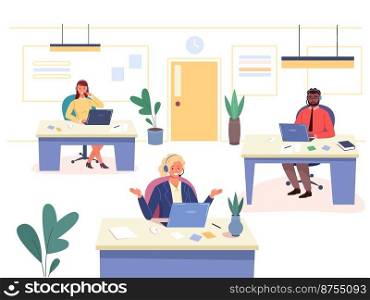 Office interior call center. Workers in headset. Call center work, operatop helplines, workspace desk contact manager, customer support, telemarketing laptop, garish vector illustration. Office interior call center. Workers in headset. Call center work, operatop helplines, workspace desk contact manager