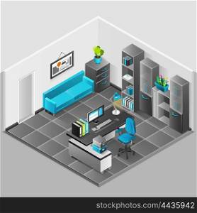 Office Interior Design. Office interior isomenric design with sofa table and computer vector illustration