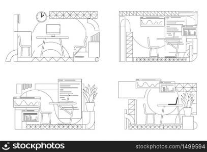 Office interior designs outline vector illustrations set. Creative studio furnished rooms contour compositions on white background. Coworking space simple style drawings collection