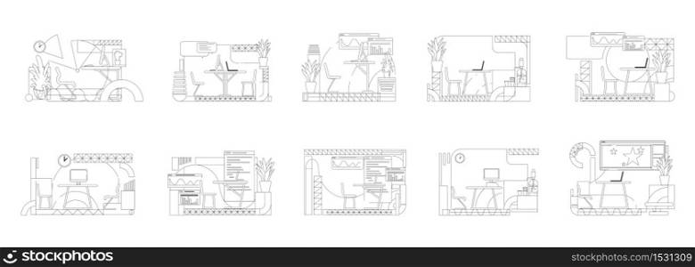 Office interior designs outline vector illustrations set. Employee workplace contour compositions on white background. Creative studio , coworking space simple style drawings collection. Office interior designs outline vector illustrations set
