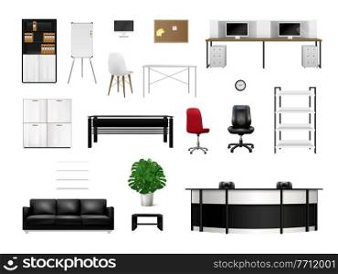 Office interior elements realistic icon set with stylish chairs tables reception area shelves and wardrobes vector illustration. Office Interior Elements Realistic Icon Set