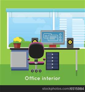 Office Interior in Flat Style. Modern Workspace. Office interior in flat style. Modern business workspace with window. Tidy organized workplace for creative worker. Modern furniture and equipment in the room. Working place with desktop. Vector