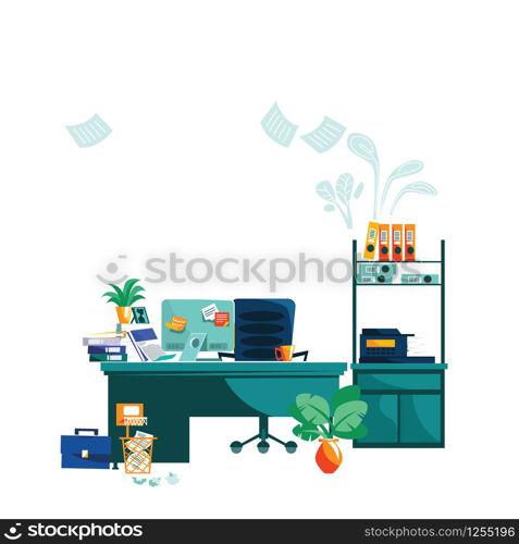 Office interior isolated on white background cartoon vector illustration. Workplace with table, computer, armchair, task cards glued to monitor, coffee cup and potted plant, wastepaper basket on floor. Office interior, workplace isolated on white