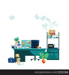 Office interior isolated on white background cartoon vector illustration. Workplace with table, computer, armchair, task cards glued to monitor, coffee cup and potted plant, wastepaper basket on floor. Office interior, workplace isolated on white