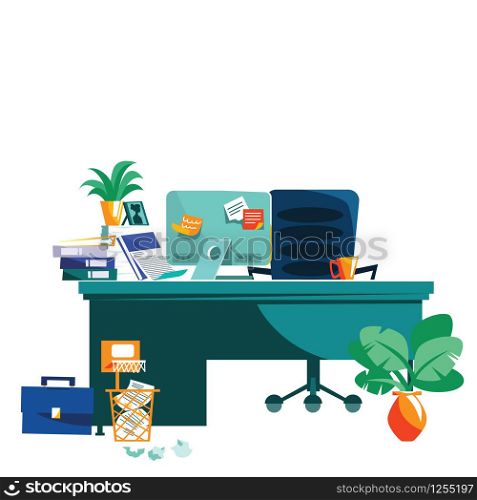 Office interior isolated on white background cartoon vector illustration. Workplace with table, computer, armchair, task cards glued to monitor, coffee cup and potted plant, wastepaper basket on floor. Office interior, workplace isolated on white