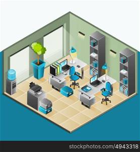 Office Interior Isometric Design. Office interior isomenric design with chairs shelves and computers vector illustration