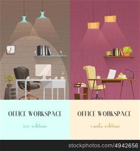 Office Interior Lighting 2 Cartoon Banners . Lighting solutions for modern office workspace pleasant environment 2 vertical cartoon banners colorful background isolated vector illustration