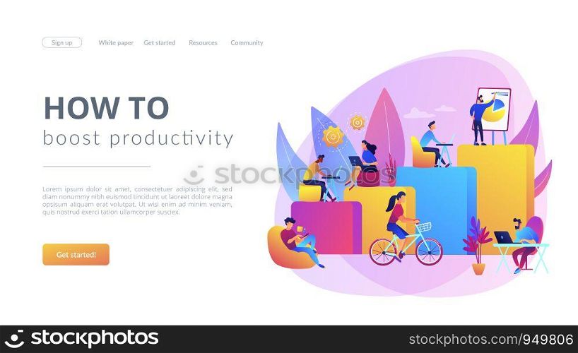 Office interior. People working in creative workspace on open space. Modern workplace, employee happiness, how to boost productivity concept. Website homepage landing web page template.. Modern workplace concept landing page