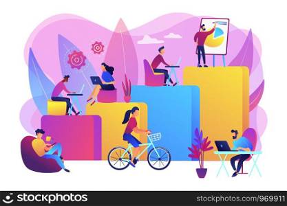 Office interior. People working in creative workspace on open space. Modern workplace, employee happiness, how to boost productivity concept. Bright vibrant violet vector isolated illustration. Modern workplace concept vector illustration