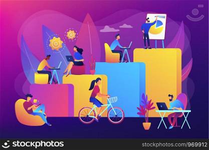 Office interior. People working in creative workspace on open space. Modern workplace, employee happiness, how to boost productivity concept. Bright vibrant violet vector isolated illustration. Modern workplace concept vector illustration