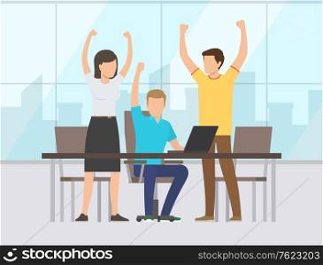 Office interior, team celebrates success, teamwork vector. Men and woman, workers or colleagues, desk and laptops, business or startup management. Good teamwork. Flat cartoon. Team Celebrates Success, Teamwork, Office Interior