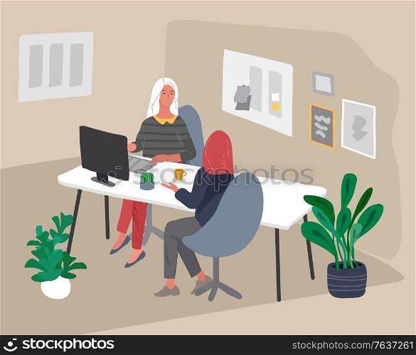 Office interior with an employee sitting at desks and communicating with a client or colleagues. Business transaction or service. Vector cartoon concept illustration for business, finance, cover or banner. Office interior with an employee sitting at desks and communicating with a client or colleagues. Business transaction or service. Vector cartoon concept illustration for business, finance