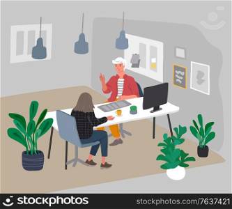 Office interior with an employee sitting at desks and communicating with a client or colleagues. Business transaction or service. Vector cartoon concept illustration for business, finance, cover or banner. Office interior with an employee sitting at desks and communicating with a client or colleagues. Business transaction or service. Vector cartoon concept illustration for business, finance