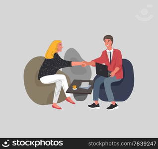 Office interior with an employee sitting at desks and communicating with a client or colleagues. Business deal or service. Vector cartoon concept illustration for business, finance, cover or banner. Office interior with an employee sitting at desks and communicating with a client or colleagues. Business transaction or service. Vector cartoon concept illustration for business, finance