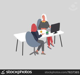 Office interior with an worker sitting at desks and communicating with a client or colleagues. Business deal or service. Vector cartoon concept illustration for business, finance, cover or banner. Office interior with an employee sitting at desks and communicating with a client or colleagues. Business transaction or service. Vector cartoon concept illustration for business, finance