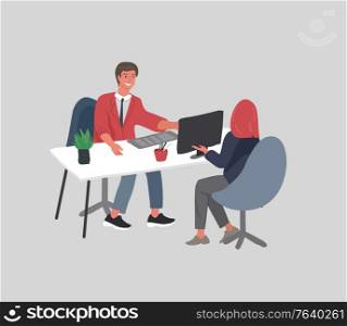 Office interior with an worker sitting at desks and communicating with a client or colleagues. Business deal or service. Vector cartoon concept illustration for business, finance, cover or banner. Office interior with an employee sitting at desks and communicating with a client or colleagues. Business transaction or service. Vector cartoon concept illustration for business, finance