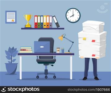 Office interior with desk, chair, computer. Stressed businessman holds pile of office papers and documents. Paperwork. Bureaucracy concept. Stressed employee. vector illustration in flat design.. Office interior with computer