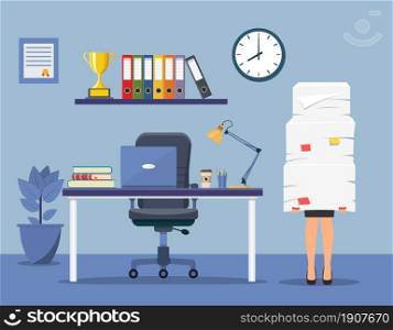Office interior with desk, chair, computer. Stressed businesswoman holds pile of office papers and documents. Paperwork. Bureaucracy concept. Stressed employee. vector illustration in flat design.. Office interior with computer