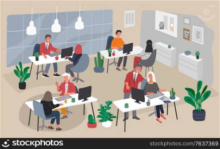 Office interior with group workers communicating or talking to client or conversations between teamwork at workplace. Vector cartoon concept illustration for business, finance, cover or banner. Office interior with group workers communicating or talking to client or conversations between teamwork at workplace. Vector cartoon concept illustration for business, finance, cover