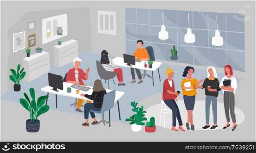Office interior with group workers communicating or talking to client or conversations between teamwork at workplace. Vector cartoon concept illustration for business, finance, cover or banner. Office interior with group workers communicating or talking to client or conversations between teamwork at workplace. Vector cartoon concept illustration for business, finance, cover
