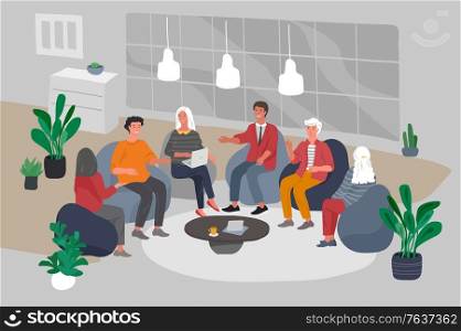 Office interior with group workers sitting and have teamwork meeting or brainstorming. Successful team gathering. Group of young people, startup company at workplace. Vector cartoon concept. Office interior with group workers sitting and have teamwork meeting or brainstorming. Successful team gathering. Group of young people, startup company at workplace. Vector cartoon