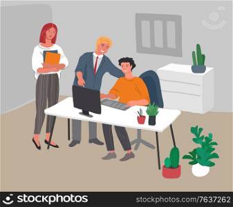 Office interior with workers communicating or talking to client or conversations between boss and trainee training. Vector cartoon concept illustration for business, finance, cover or banner. Office interior with workers communicating or talking to client or conversations between boss and trainee training. Vector cartoon concept illustration for business, finance, cover