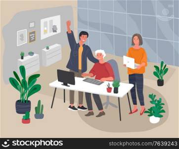 Office interior with workers communicating or talking to client or conversations between boss and trainee training. Vector cartoon concept illustration for business, finance, cover or banner. Office interior with workers communicating or talking to client or conversations between boss and trainee training. Vector cartoon concept illustration for business, finance, cover