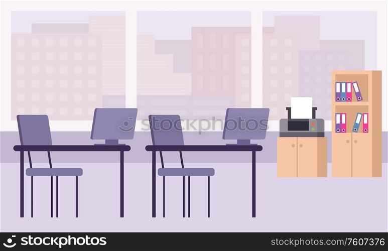 Office interior. Work tables, printer, wardrobe. Vector flat illustration.
