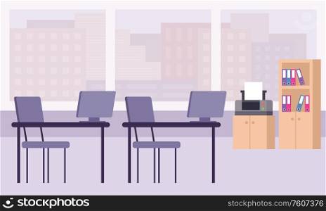 Office interior. Work tables, printer, wardrobe. Vector flat illustration.