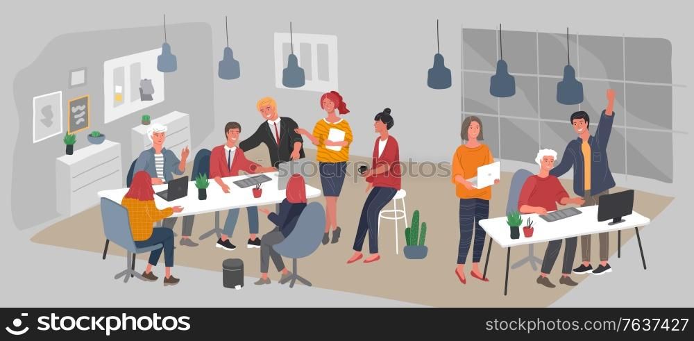Office interior workplace with group workers communicating or talking to client or conversations between teamwork or meeting, brainstorming. Vector cartoon concept illustration for business. Office interior workplace with group workers communicating or talking to client or conversations between teamwork or meeting, brainstorming. Vector cartoon concept illustration