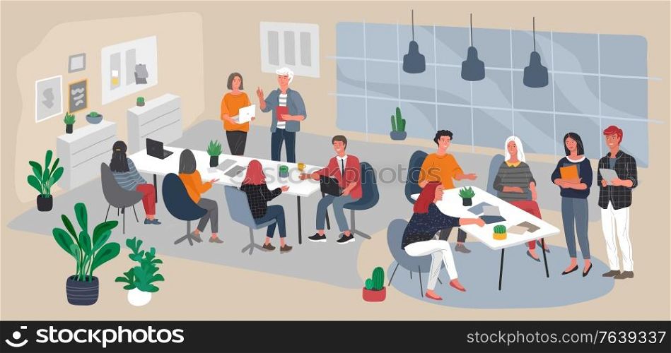 Office interior workplace with group workers communicating or talking to client or conversations between teamwork or meeting, brainstorming. Vector cartoon concept illustration for business. Office interior workplace with group workers communicating or talking to client or conversations between teamwork or meeting, brainstorming. Vector cartoon concept illustration