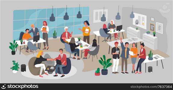 Office interior workplace with group young trendy workers communicating or talking to client or conversations between teamwork or meeting, brainstorming. Vector cartoon concept illustration. Office interior workplace with group workers communicating or talking to client or conversations between teamwork or meeting, brainstorming. Vector cartoon concept illustration