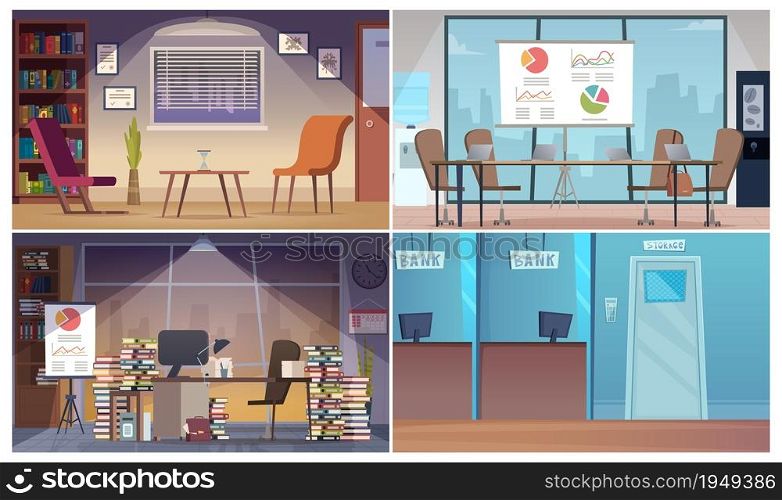 Office interiors. Different company, home work place, business center areas vector set. Illustration office interior for business work workspace different. Office interiors. Different company, home work place, business center areas vector set