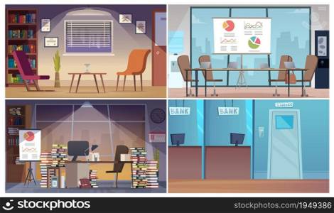 Office interiors. Different company, home work place, business center areas vector set. Illustration office interior for business work workspace different. Office interiors. Different company, home work place, business center areas vector set