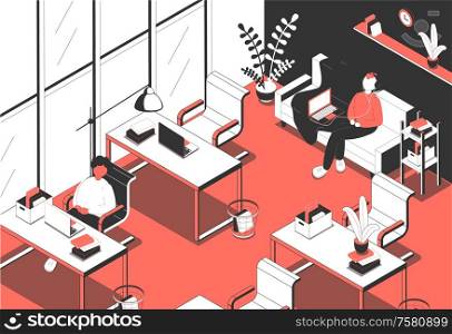 Office isometric composition with indoor view of working area with tables chairs and window with people vector illustration