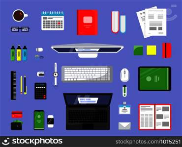 Office items top view. Business and finance tools manager workspace with paper books laptop pc vector elements isolated. Illustration of office view, business top desk, workspace organization. Office items top view. Business and finance tools manager workspace with paper books laptop pc vector elements isolated