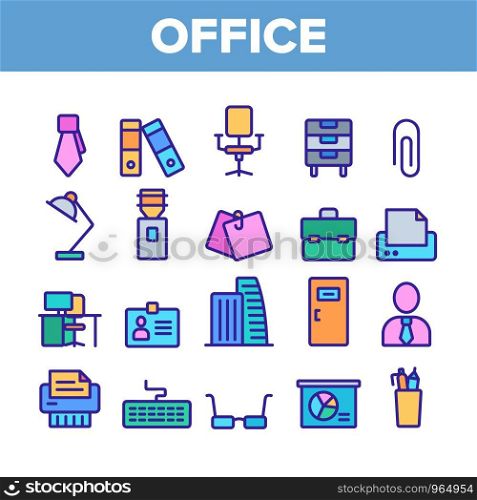 Office Job Collection Elements Vector Icons Set Thin Line. Office Chair And Lamp, File Folder And Paper Clip, Building And Manager Concept Linear Pictograms. Color Contour Illustrations. Office Job Color Elements Vector Icons Set