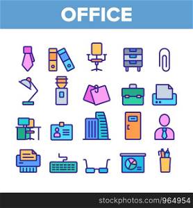 Office Job Collection Elements Vector Icons Set Thin Line. Office Chair And Lamp, File Folder And Paper Clip, Building And Manager Concept Linear Pictograms. Color Contour Illustrations. Office Job Color Elements Vector Icons Set