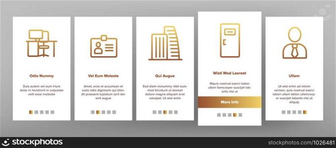 Office Job Onboarding Mobile App Page Screen Vector Icons Set Thin Line. Office Chair And Lamp, File Folder And Paper Clip, Building And Manager Concept Linear Pictograms. Color Contour Illustrations. Office Job Color Elements Vector Onboarding